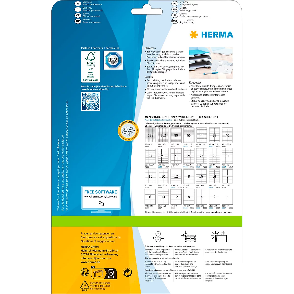 Herma Premium-Adressetiketten Nr. 5063, 105 x 148 mm, selbstklebend, permanenthaftend, bedruckbar, Papier, weiß, 100 Stück auf 25 Blatt