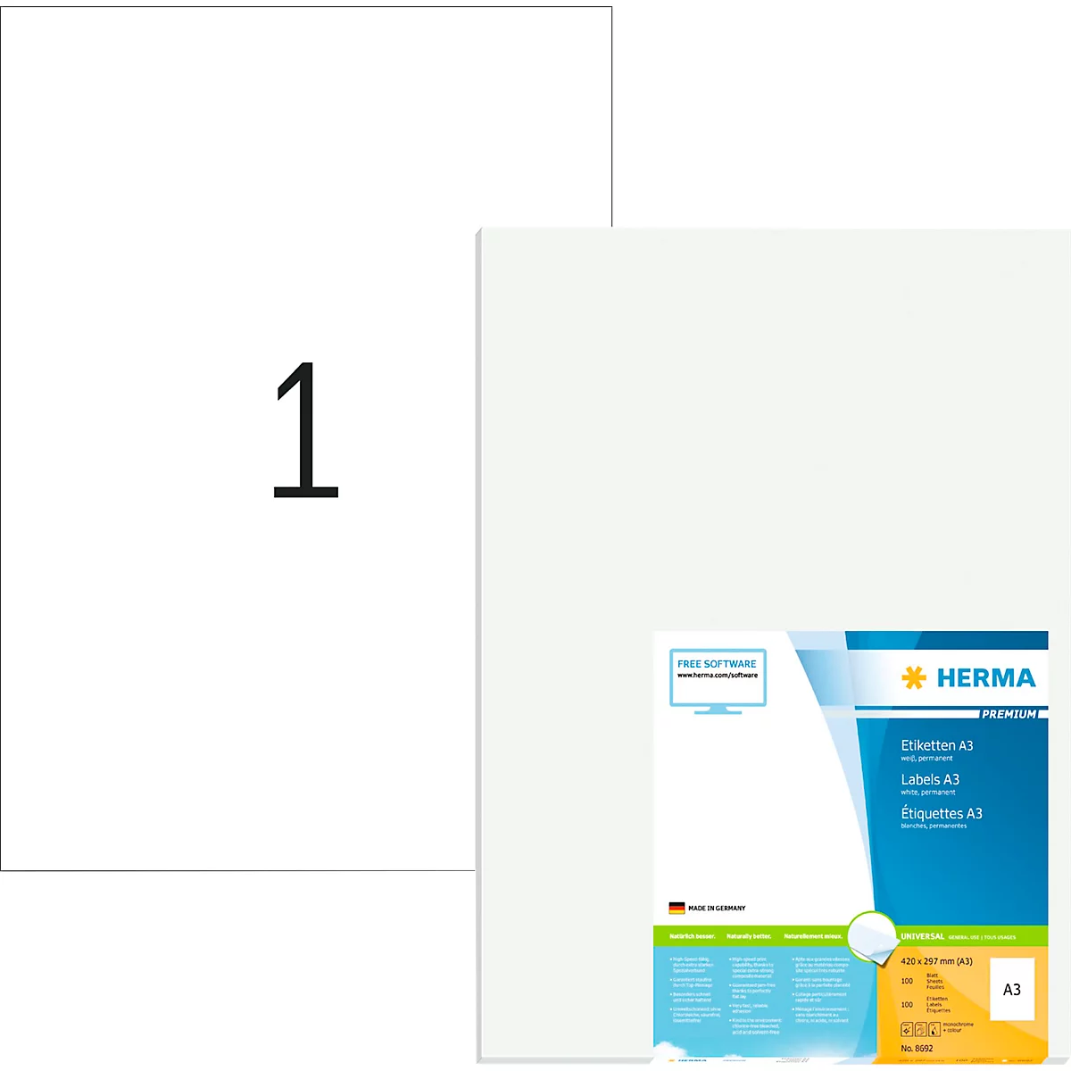 Herma Premium-Adressetiketten Nr. 8692, 297 x 420 mm, selbstklebend, permanenthaftend, bedruckbar, Papier, weiß, 100 Stück auf 100 Blatt