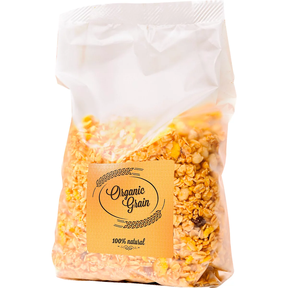 Granola-Packung mit Etikett "Organic Grain" und der Aufschrift "100% natural".