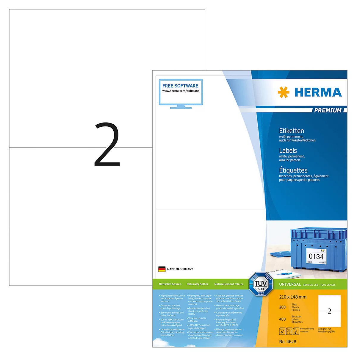 Herma Premium-Etiketten auf A4-Blättern, permanent haftend, 400 Etiketten, 200 Bogen