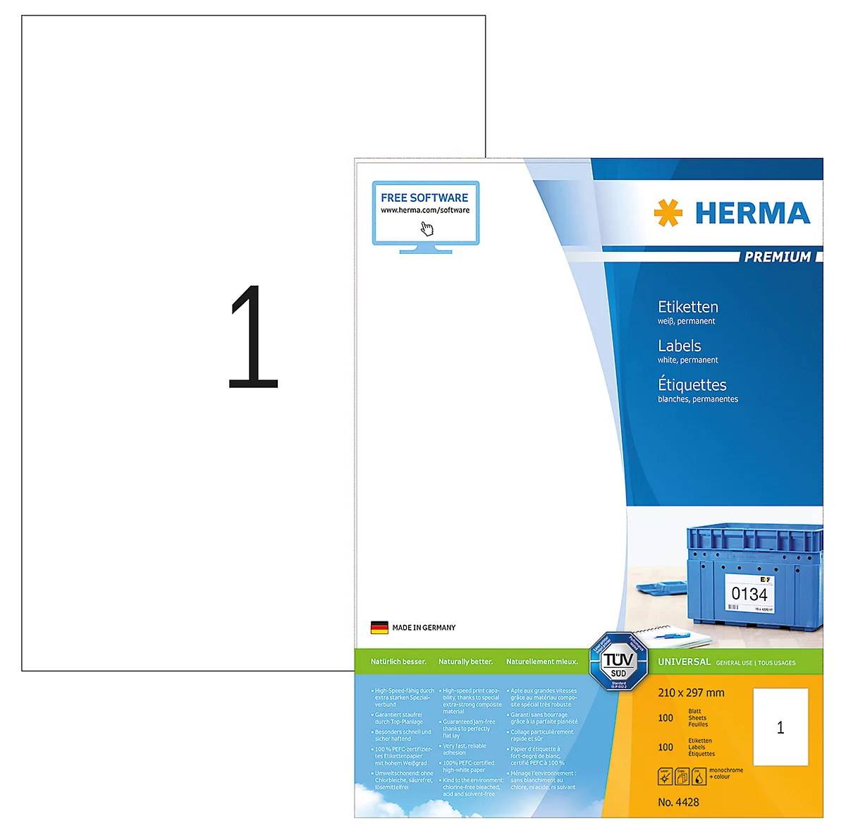 Herma Premium-Etiketten auf DIN A4-Blättern, 100 Etiketten, 100 Bogen