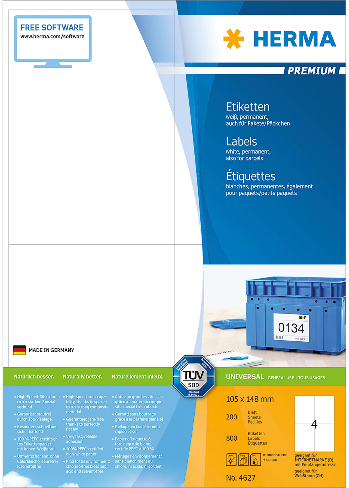Herma Premium-Etiketten auf DIN A4-Blättern, 800 Etiketten, 200 Bogen