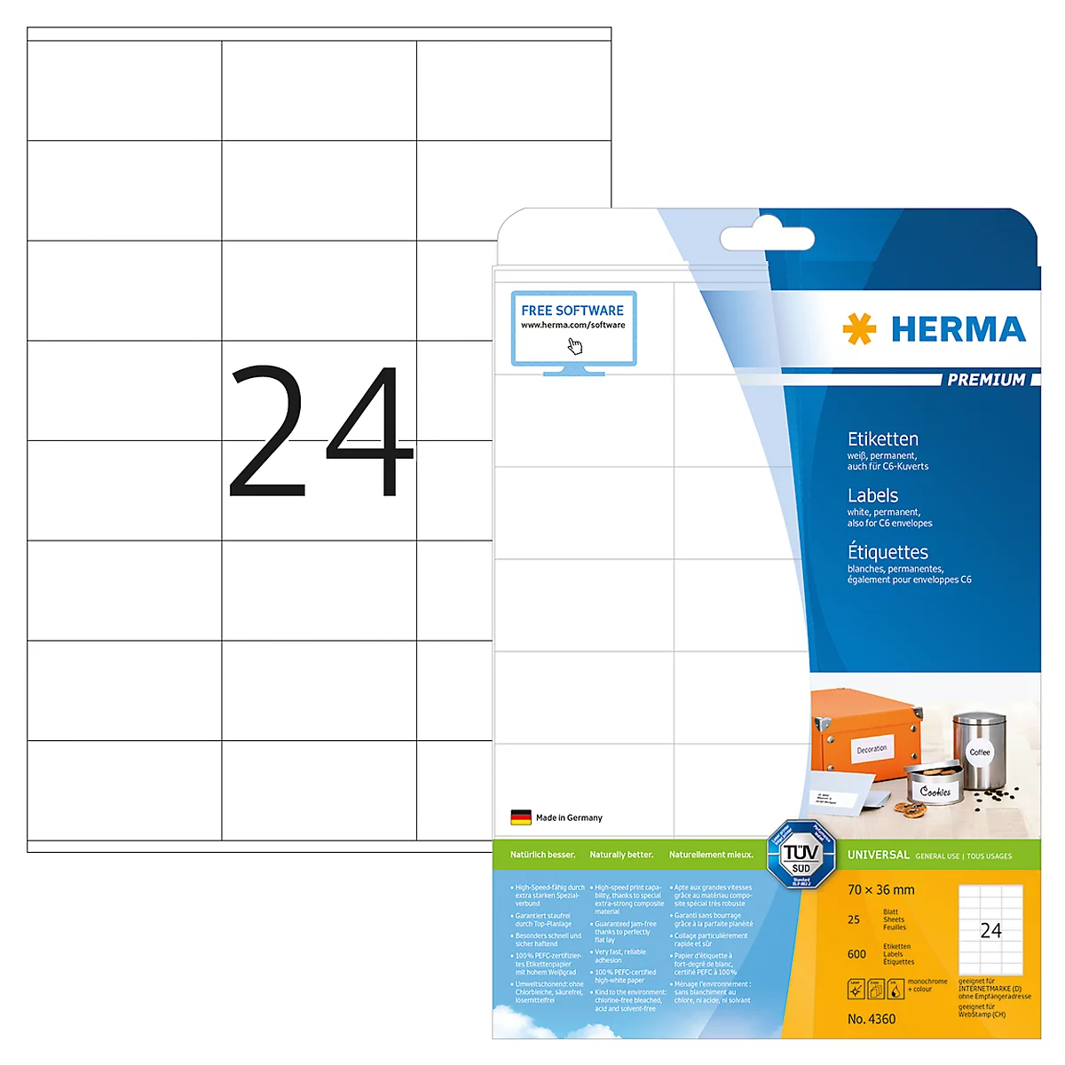Herma Premium-Etiketten auf DIN A4-Blättern, permanent haftend, 600 Etiketten, 25 Bogen