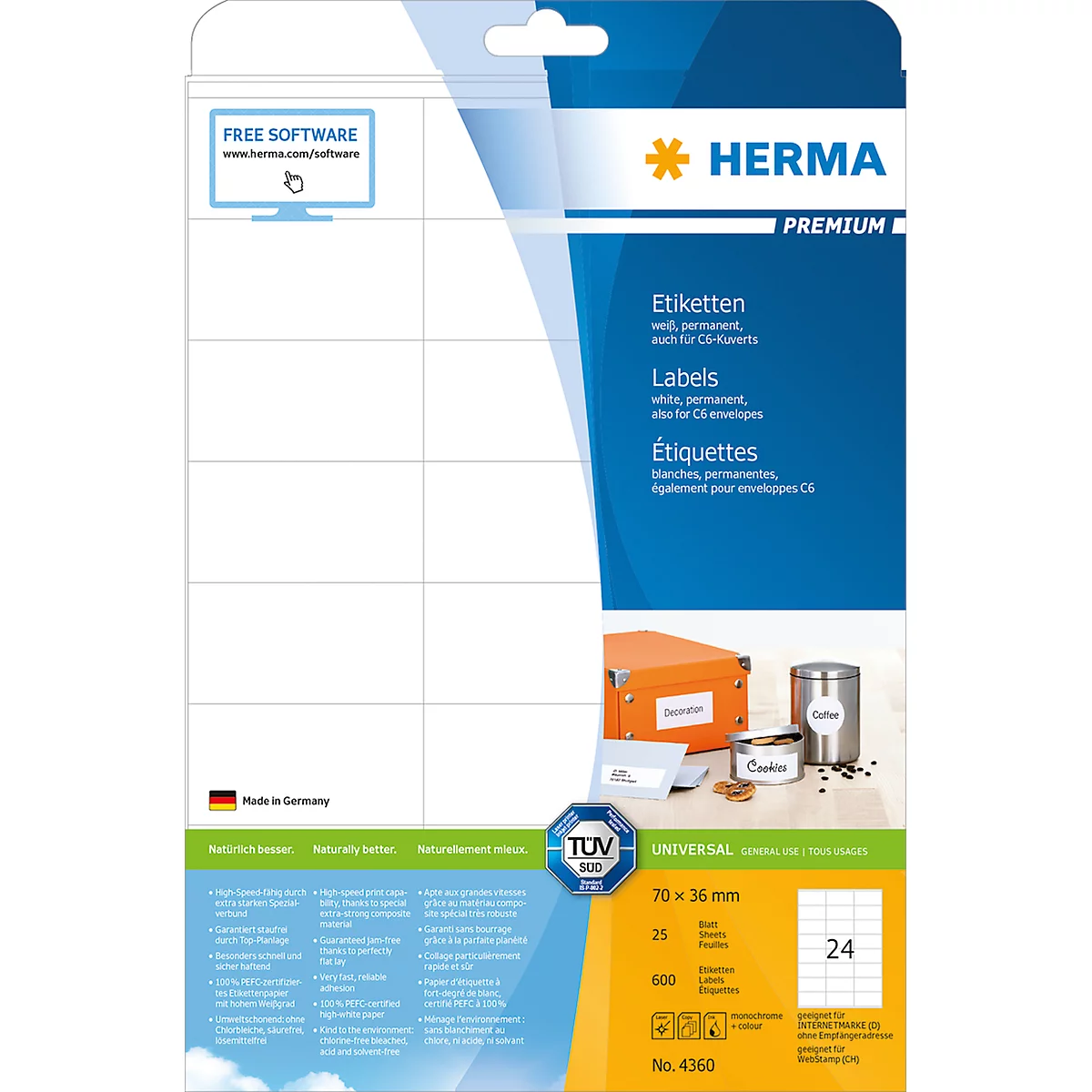 Herma Premium-Etiketten auf DIN A4-Blättern, permanent haftend, 600 Etiketten, 25 Bogen