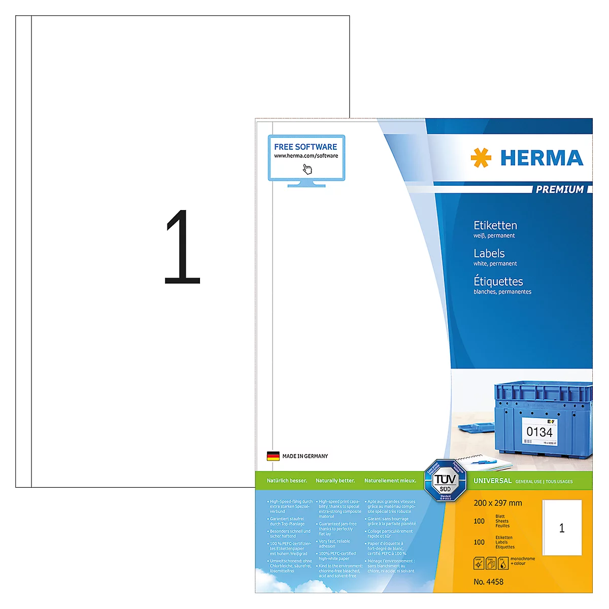 Herma Premium-Etiketten Nr. 4458 auf DIN A4-Blättern, 100 Etiktetten, 100 Bogen