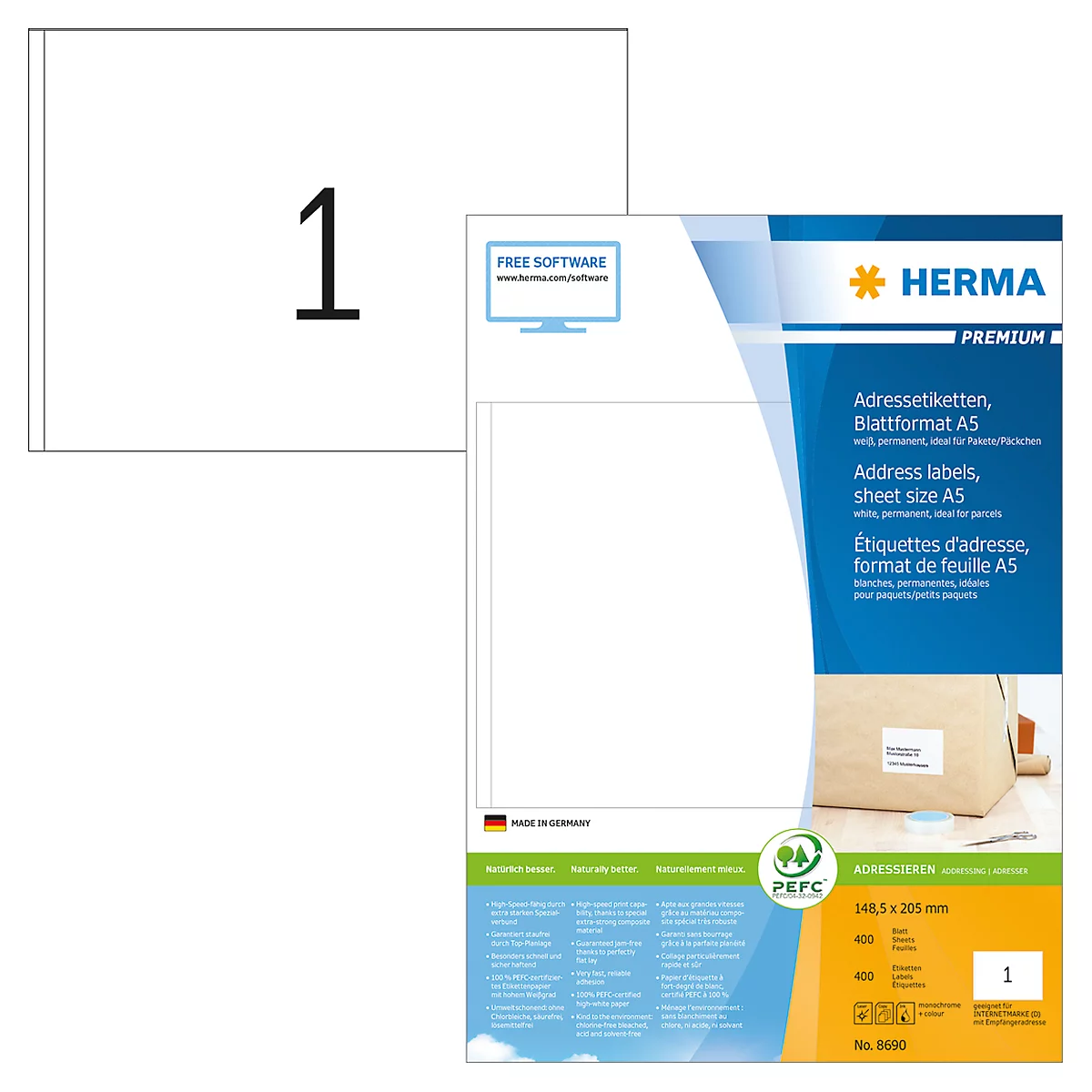 Herma premium-etiketten nr. 8690 op A5-bladen, 400 etiketten, 400 vellen