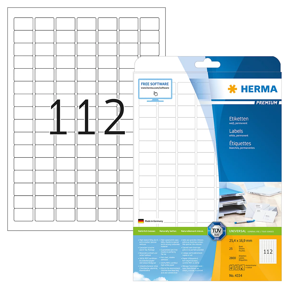 Sheet of labels and packaging with product information. The number 112 and the brand name are printed.