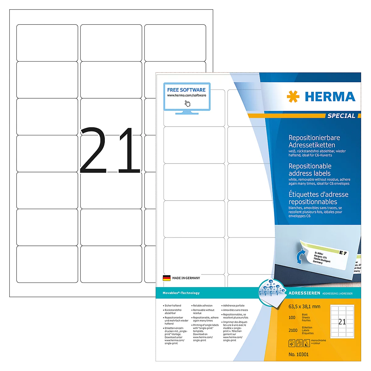 Herma repositionierbare Adressetiketten Nr. 10301 auf DIN A4-Blättern, 2100 Etiketten, 100 Bogen