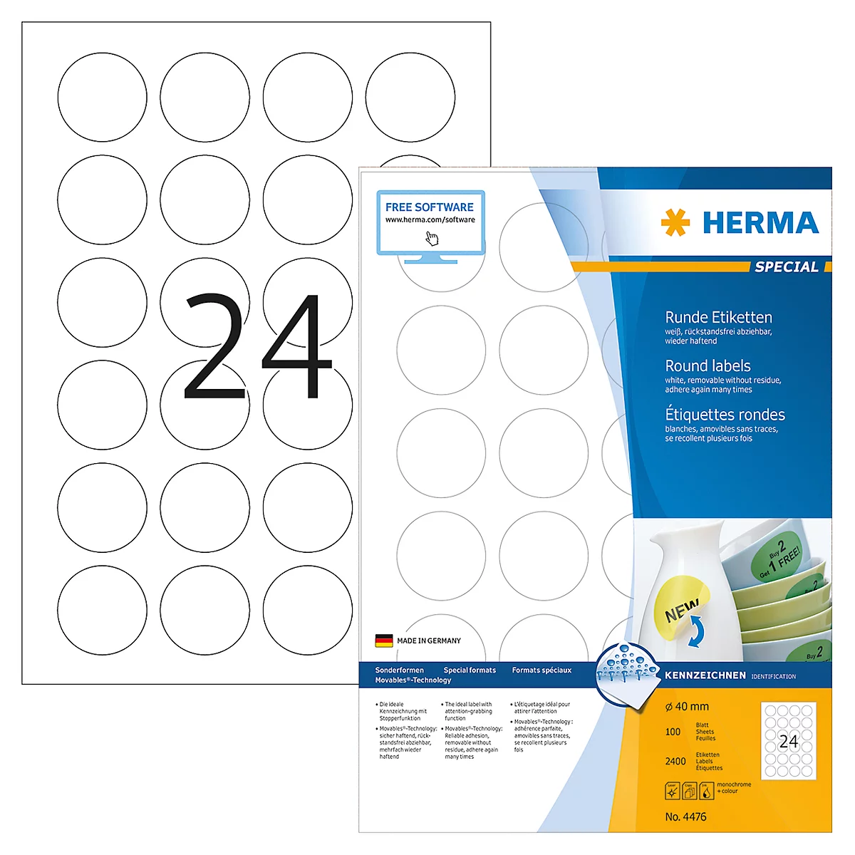 Herma runde Etiketten Nr. 4476 auf DIN A4-Blättern, 2400 Etiketten, 100 Bogen