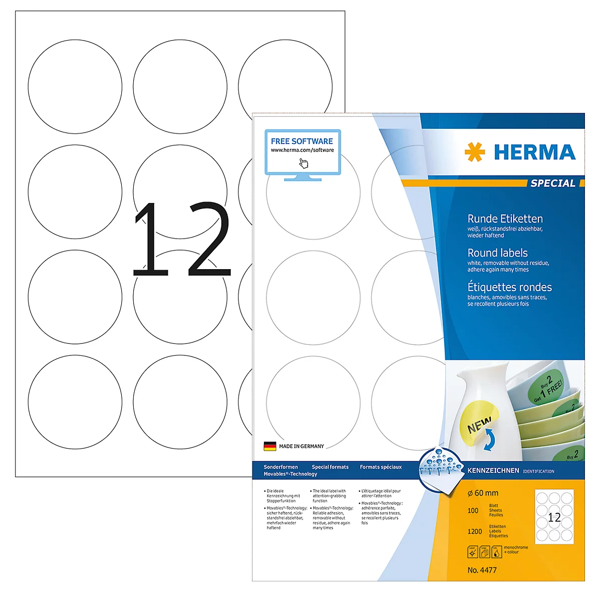 Herma runde Etiketten Nr. 4477 auf DIN A4-Blättern, 1200 Etiketten, 100 Bogen