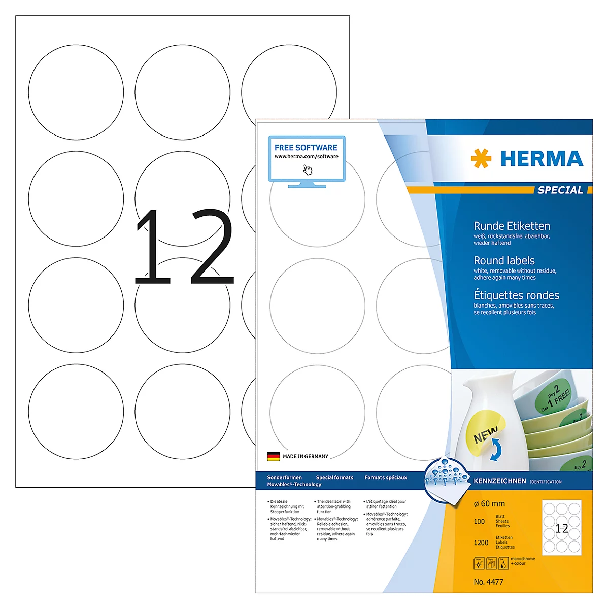 Herma runde Etiketten Nr. 4477 auf DIN A4-Blättern, 1200 Etiketten, 100 Bogen