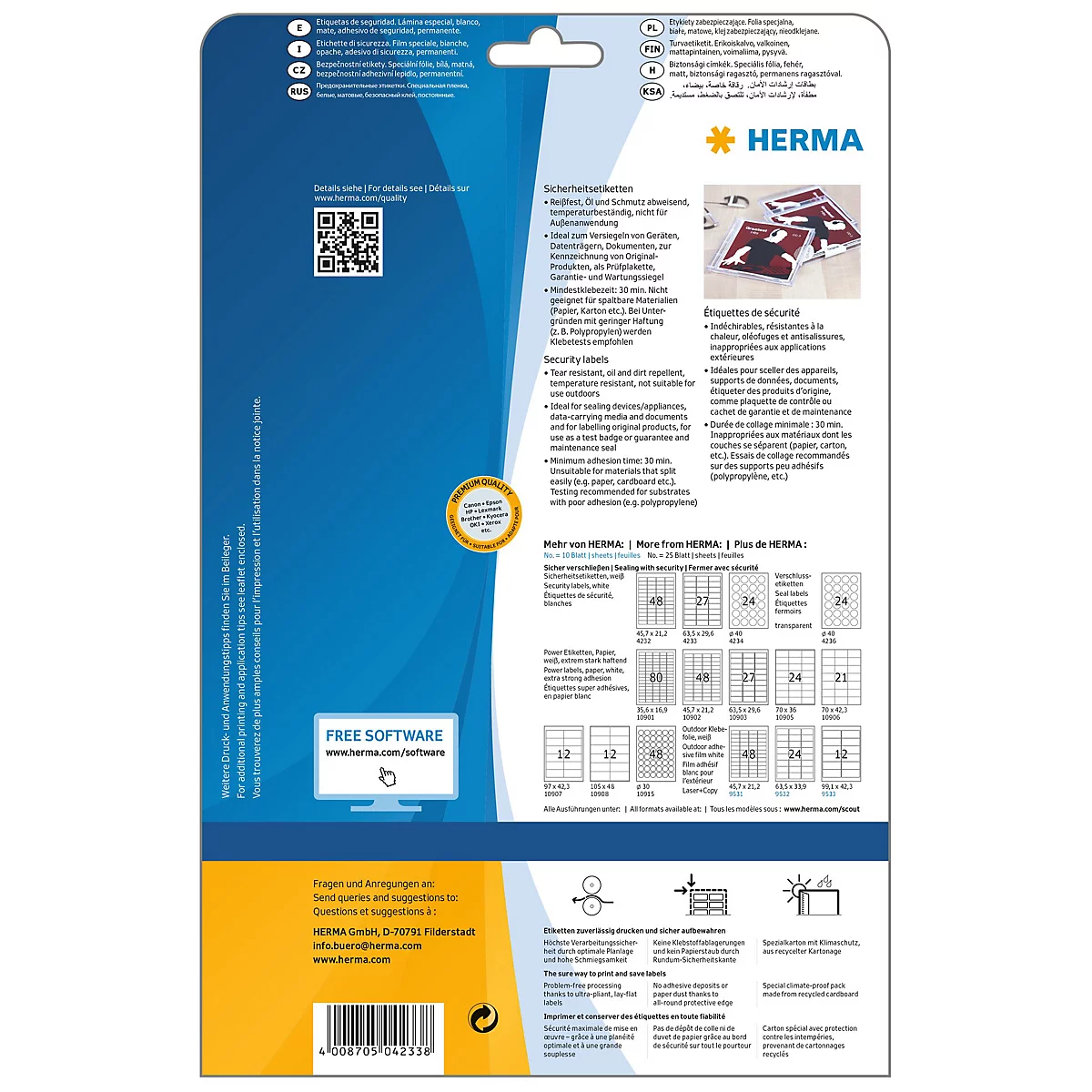 Produktabbildung: Packung Sicherheitsetiketten mit 27 Etiketten, daneben ein Bogen mit leeren Etiketten. Aufdruck: HERMA, Sicherheits-Etiketten.