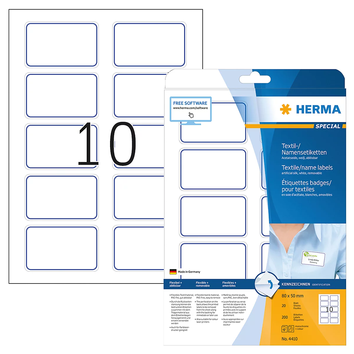 Herma textiel badetiketten - 80 x 50 mm - zelfklevend - blauwe rand - 10 etiketten per vel - pak van 20 vellen