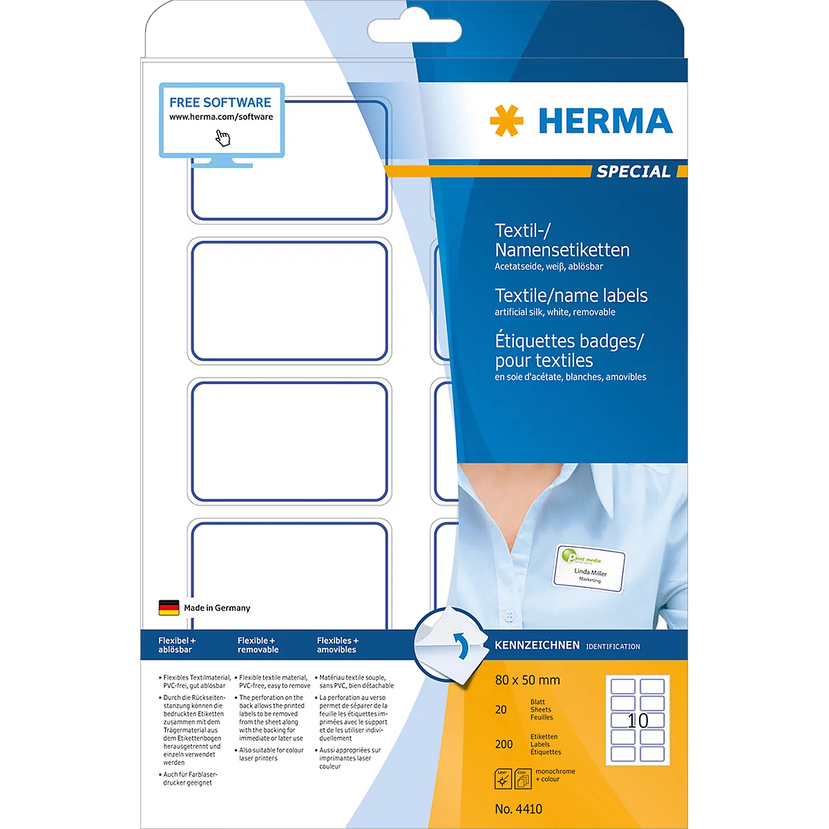 Herma textiel badetiketten - 80 x 50 mm - zelfklevend - blauwe rand - 10 etiketten per vel - pak van 20 vellen