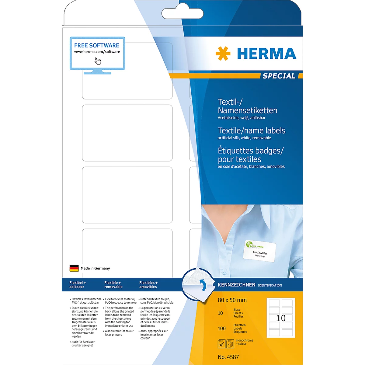 Herma textiel badetiketten - 80 x 50 mm - zelfklevend - zonder rand - 10 etiketten per vel - pak van 10 vellen