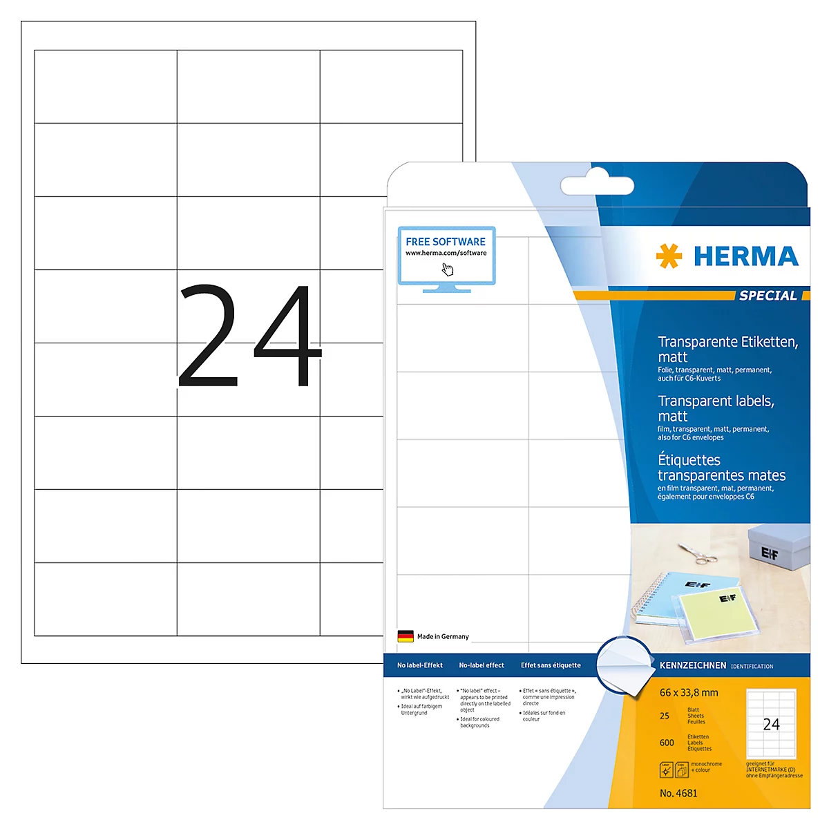 Herma Transparente matte Folien-Etiketten Nr. 4681 auf DIN A4-Blättern, 600 Etiketten, 25 Bogen