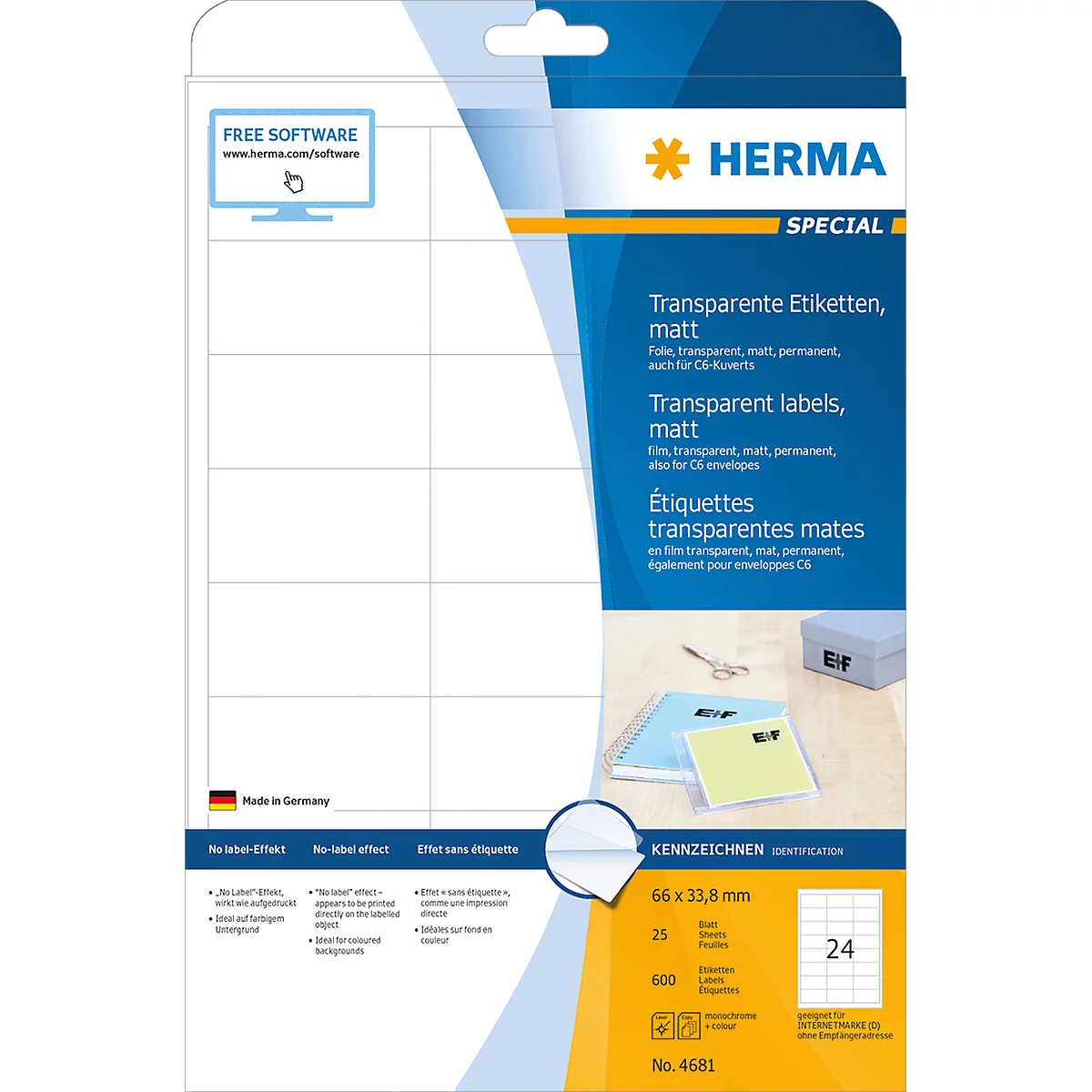 Herma Transparente matte Folien-Etiketten Nr. 4681 auf DIN A4-Blättern, 600 Etiketten, 25 Bogen
