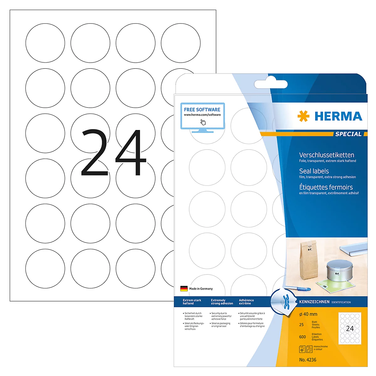 Herma Verschluss-Etiketten Nr. 4236 auf DIN A4-Blättern, 600 Etiketten, 25 Bogen