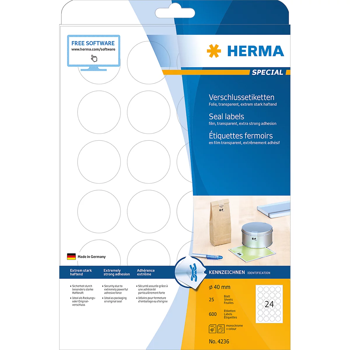 Herma Verschluss-Etiketten Nr. 4236 auf DIN A4-Blättern, 600 Etiketten, 25 Bogen