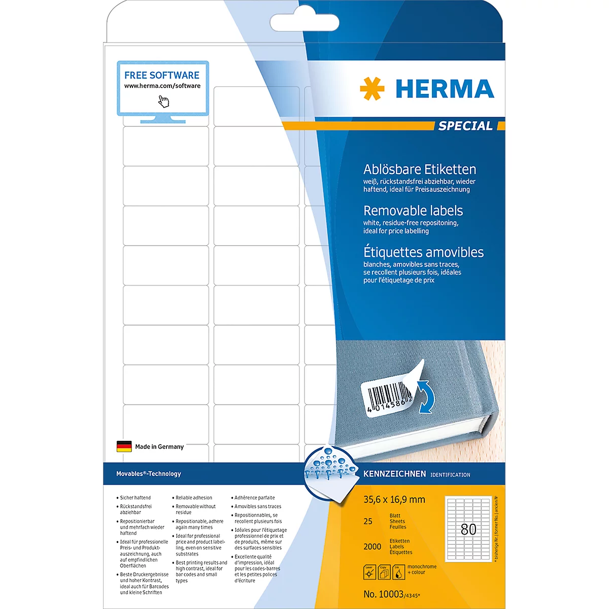 Herma verwijderbare etiketten nr. 10003 op A4-bladen, 2000 etiketten, 25 vellen