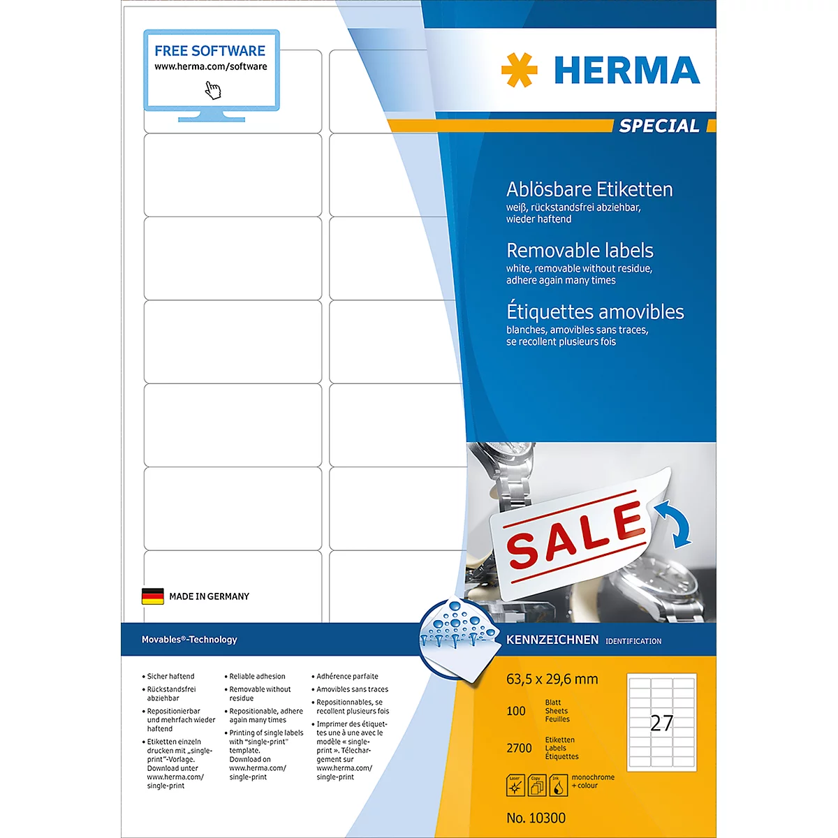 Herma verwijderbare etiketten nr. 10300 op A4-bladen, 2700 etiketten, 100 vellen