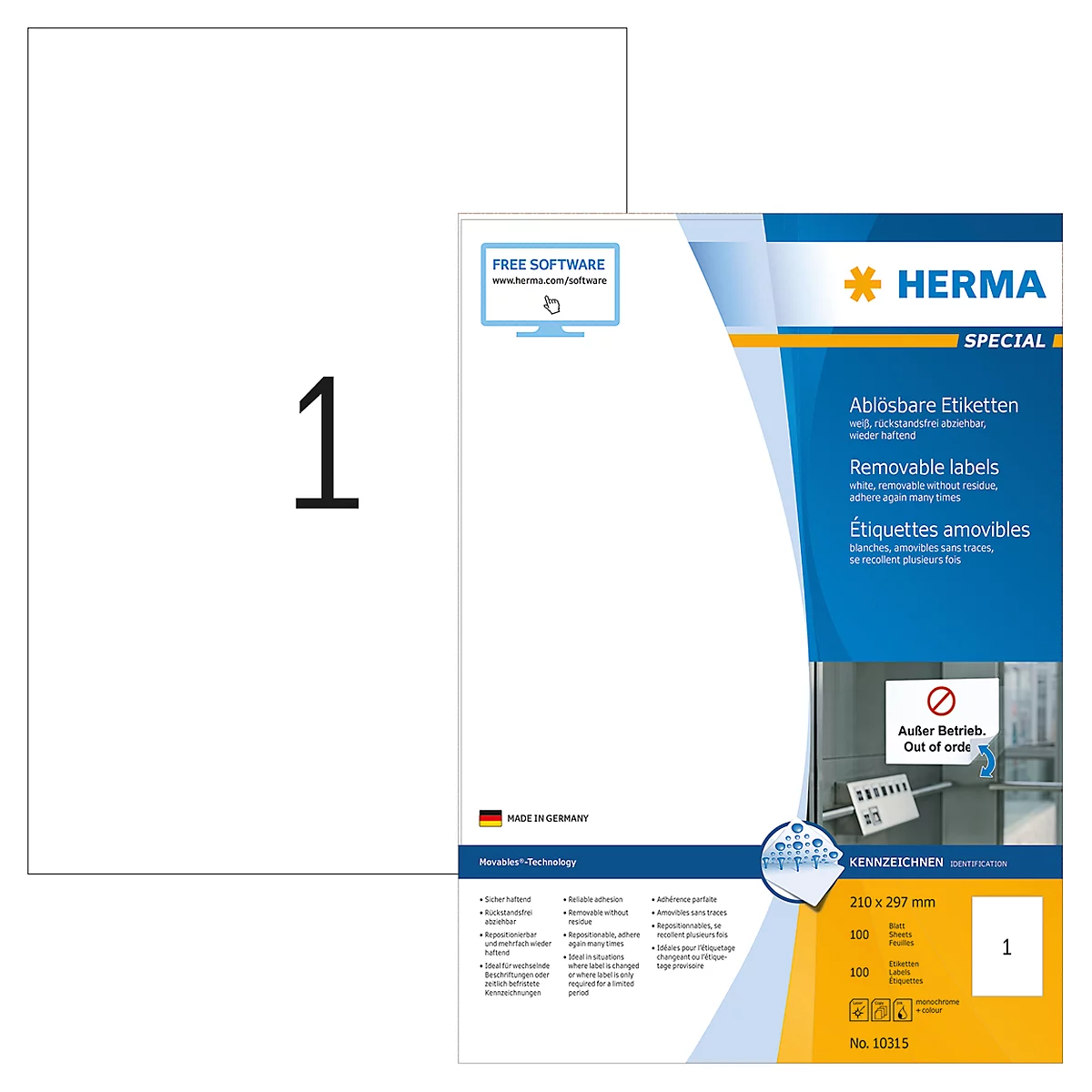 Herma verwijderbare etiketten nr. 10315 op A4-bladen, 100 etiketten, 100 vellen