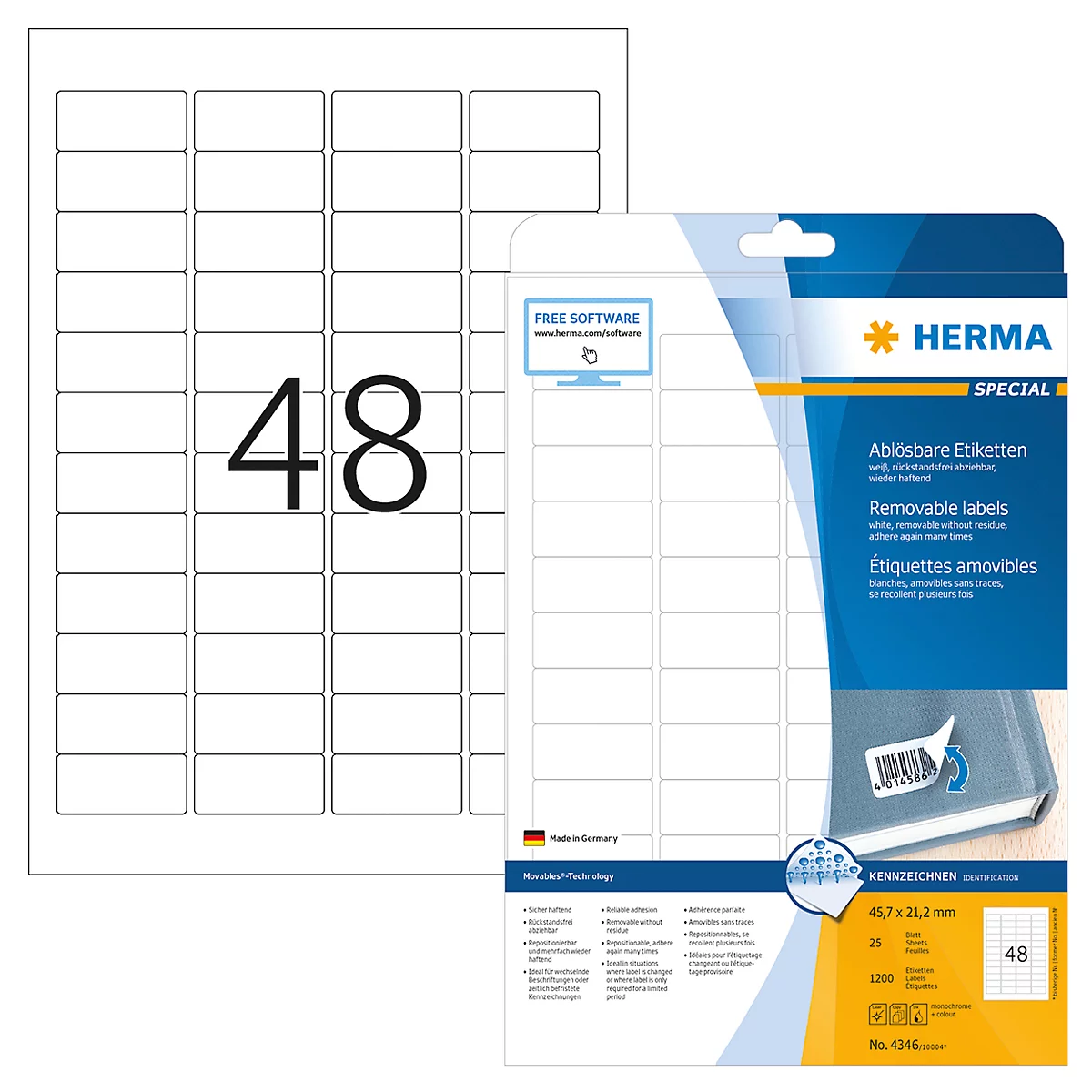 Herma verwijderbare etiketten nr. 4346 op A4-bladen, 1200 etiketten, 25 vellen