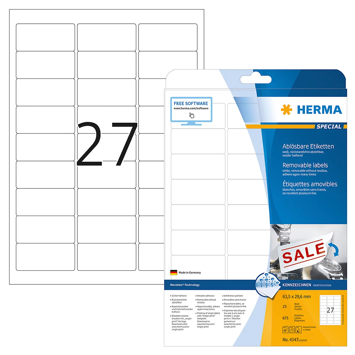Herma verwijderbare etiketten nr. 4347 op A4-bladen, 675 etiketten, 25 vellen