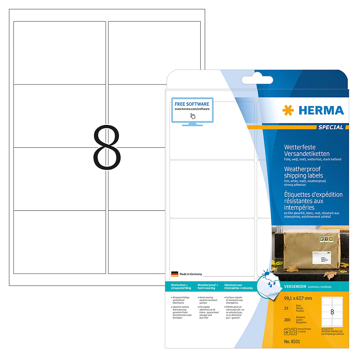 Herma verzendetiketten nr. 8331 van polyesterfolie op A4-bladen, 200 etiketten, 25 vellen
