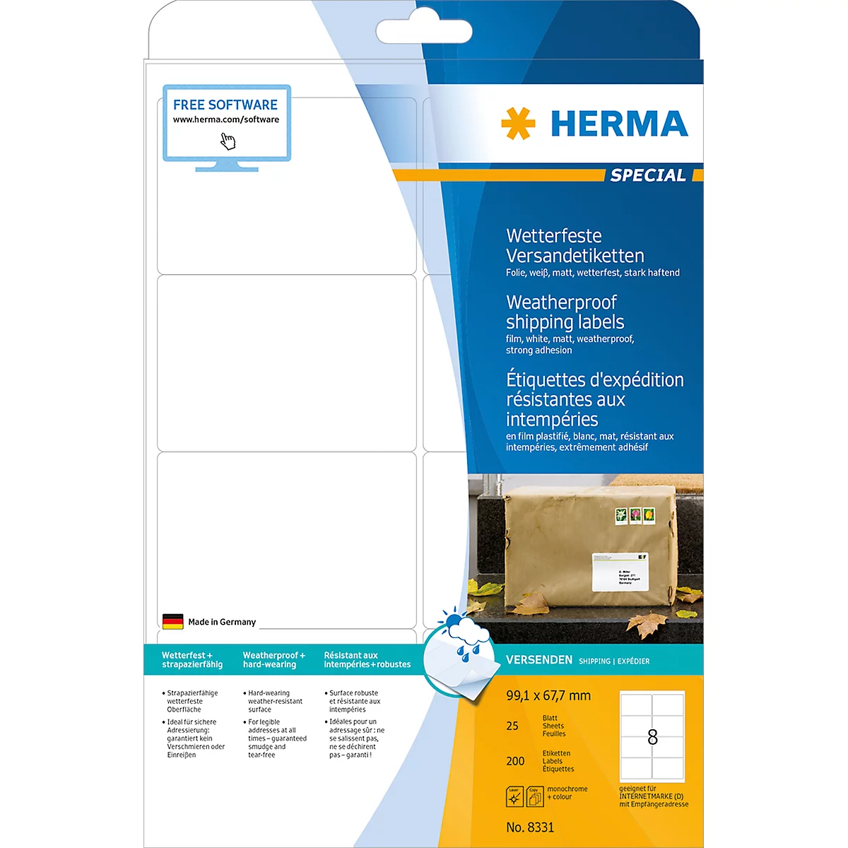 Herma verzendetiketten nr. 8331 van polyesterfolie op A4-bladen, 200 etiketten, 25 vellen