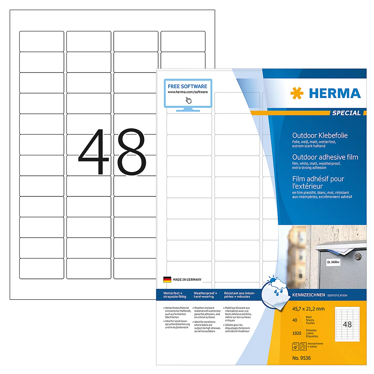 Sheets with 48 labels and product packaging with text: Outdoor adhesive film.