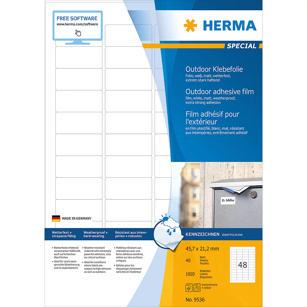 Produktverpackung mit HERMA Aufklebern für den Außenbereich. Weiße Etiketten, blauer Hintergrund, Text in Deutsch, Englisch und Französisch.