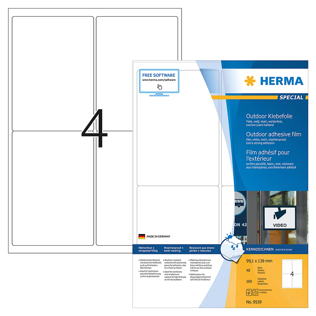 Herma wetterfeste Etiketten Nr. 9539, aus Polyesterfolie, 160 Etiketten, 40 Bogen