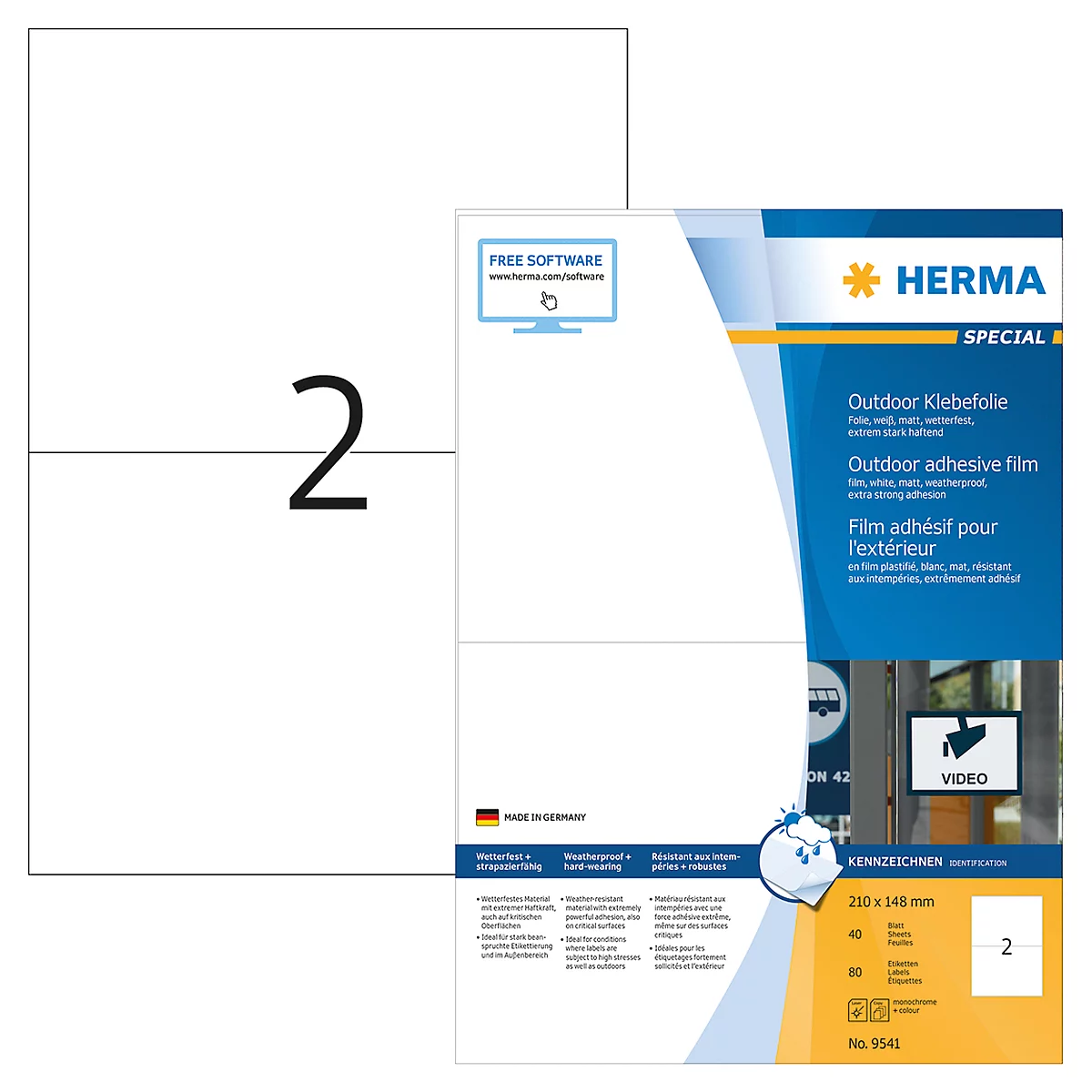 Herma wetterfeste Etiketten Nr. 9541, aus Polyesterfolie, 80 Etiketten, 40 Bogen