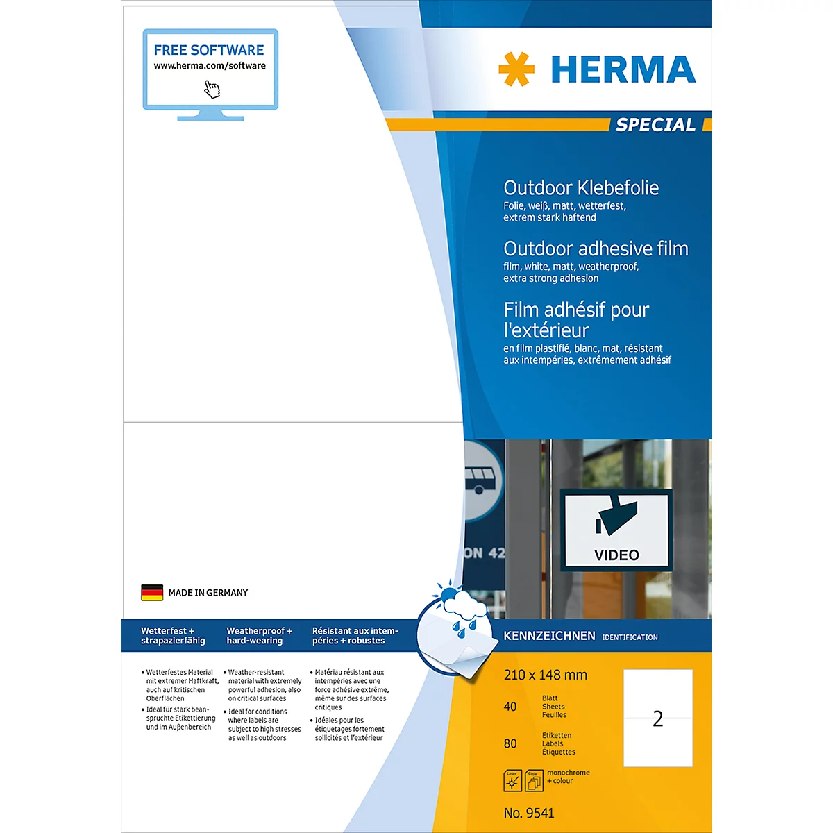 Herma wetterfeste Etiketten Nr. 9541, aus Polyesterfolie, 80 Etiketten, 40 Bogen