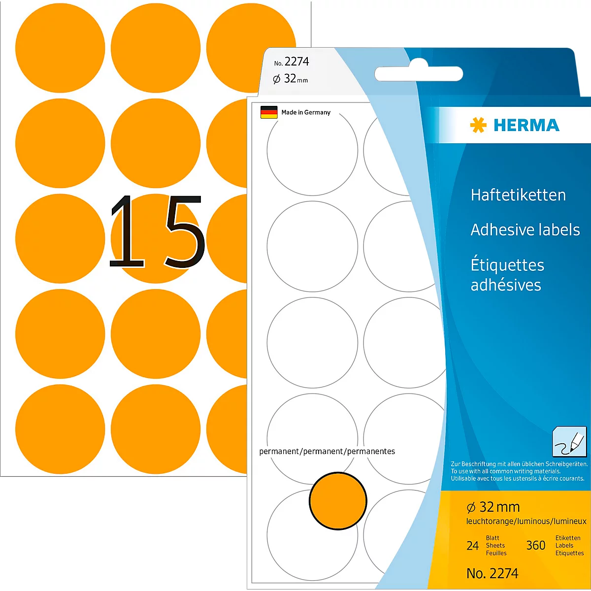 HERMA zelfklevende stippen 2274, Ø 32 mm, zelfklevend, permanent klevend, met de hand beschrijfbaar, 360 stuks op 24 vellen, FSC®-papier, fluorescerend oranje