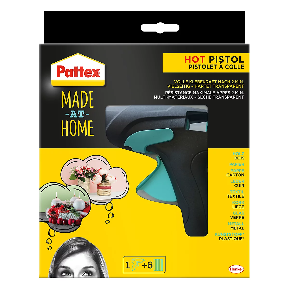 Hete lijmpistool Pattex® Made at Home, smeltvermogen tot 130°C, warmte-isolerende siliconenmondstuk, incl. 6 hot glue sticks, zwart-groen