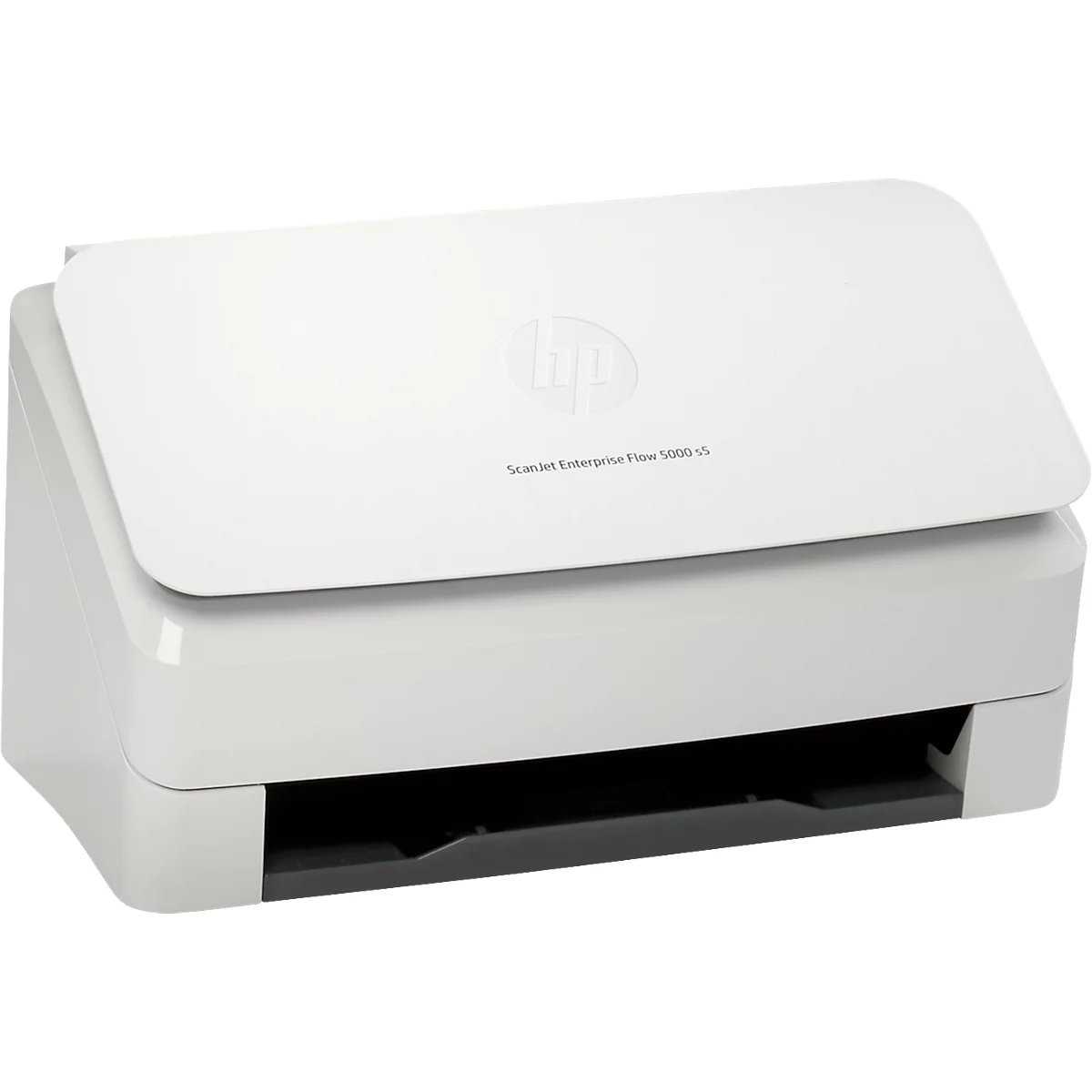 Ein weißer HP-Scanner mit geöffneter Klappe, HP-Logo und Modellbezeichnung.