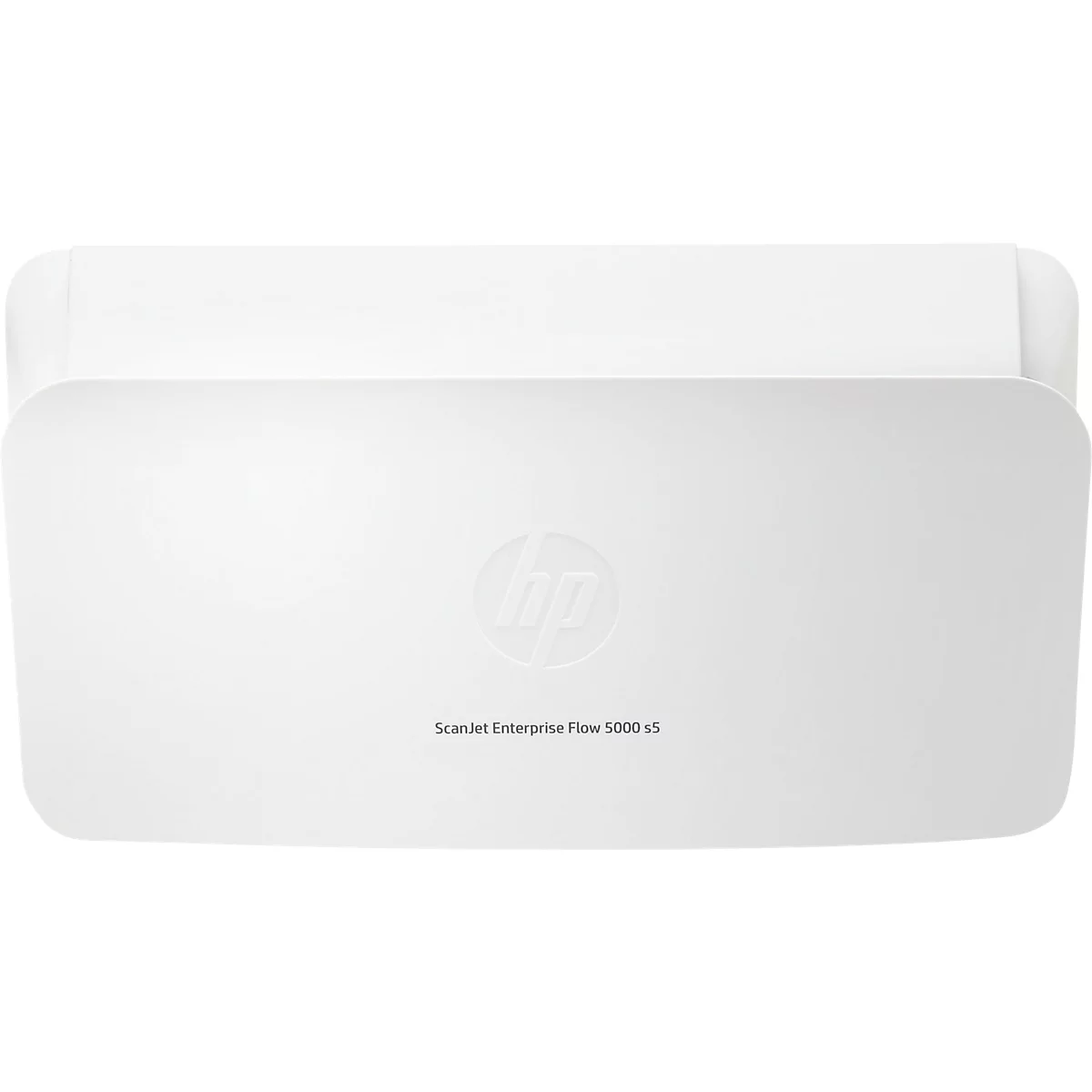 Draufsicht auf einen weißen HP Scanner. In der Mitte das HP Logo, darunter der Schriftzug 'Scanjet Enterprise Flow 5000 s5'.