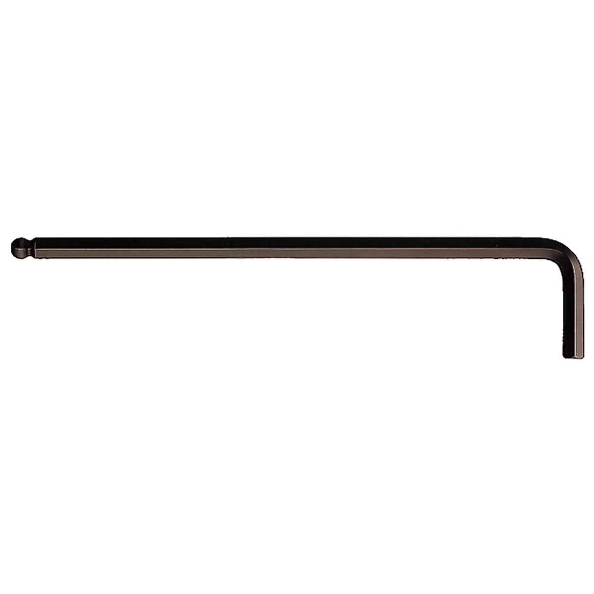 A black Allen wrench, bent at a right angle with a ball head.