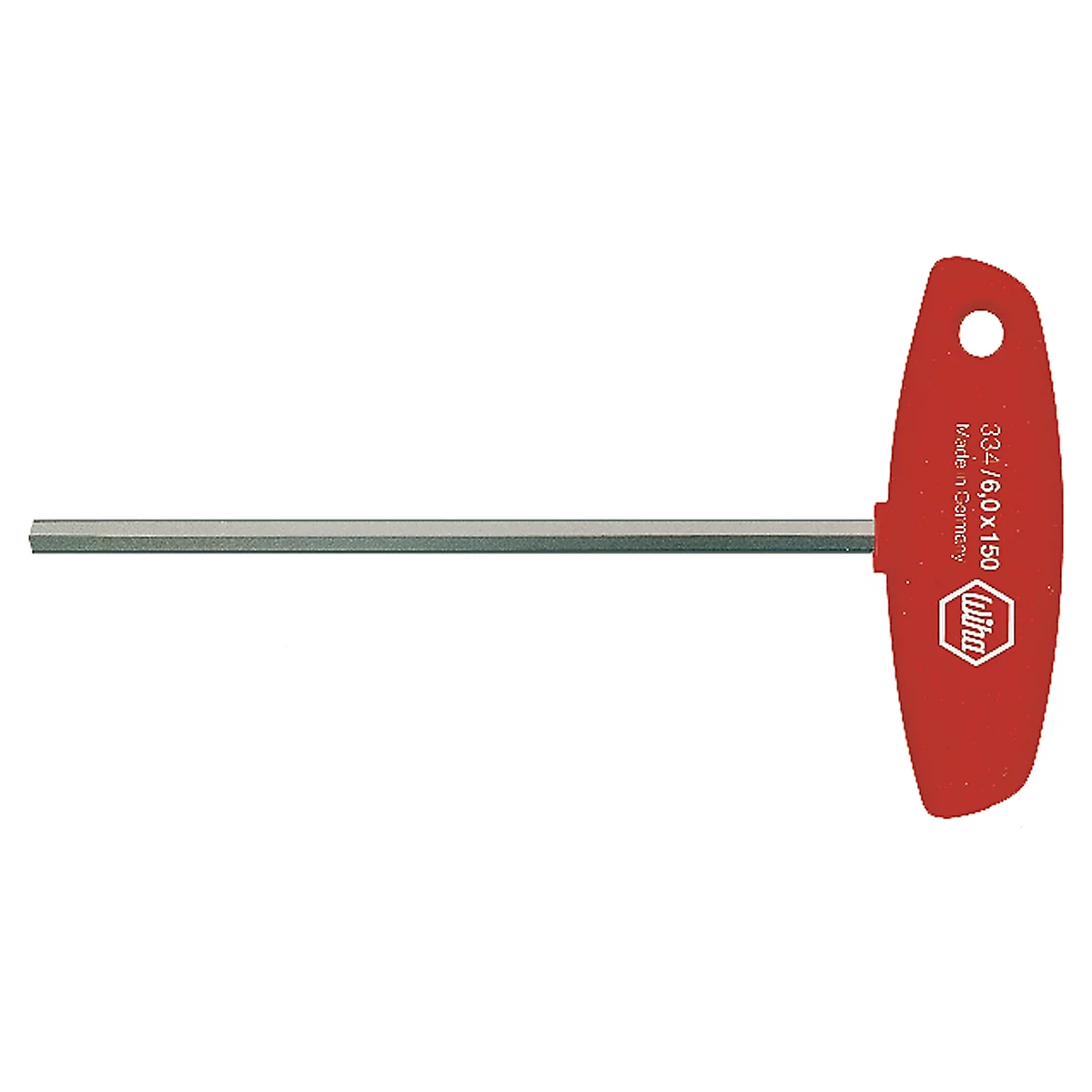 A red T-handle Allen wrench. The handle reads 'Wiha' and technical specifications.
