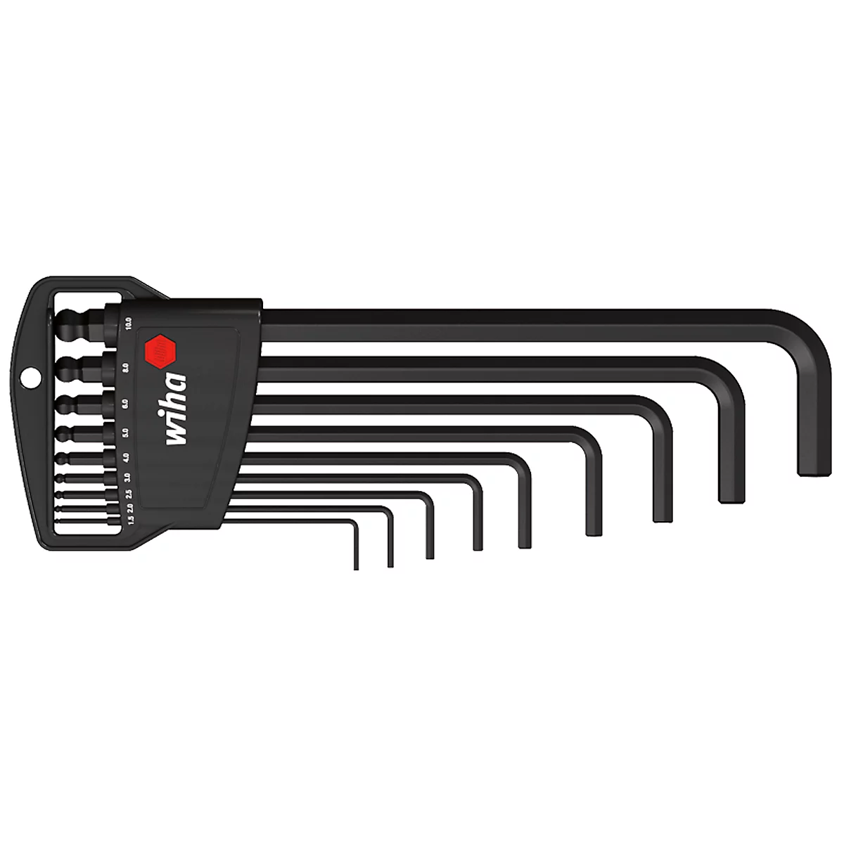 Set of black Allen keys in a holder. The holder has the Wiha logo.