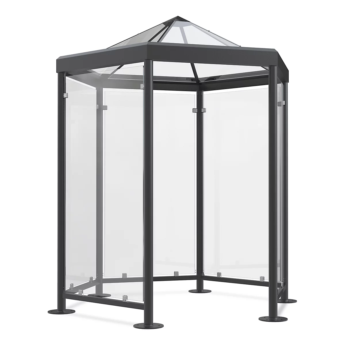 A freestanding, hexagonal gazebo with glass walls and a dark metal frame. The roof is also made of glass and has a pyramidal top.
