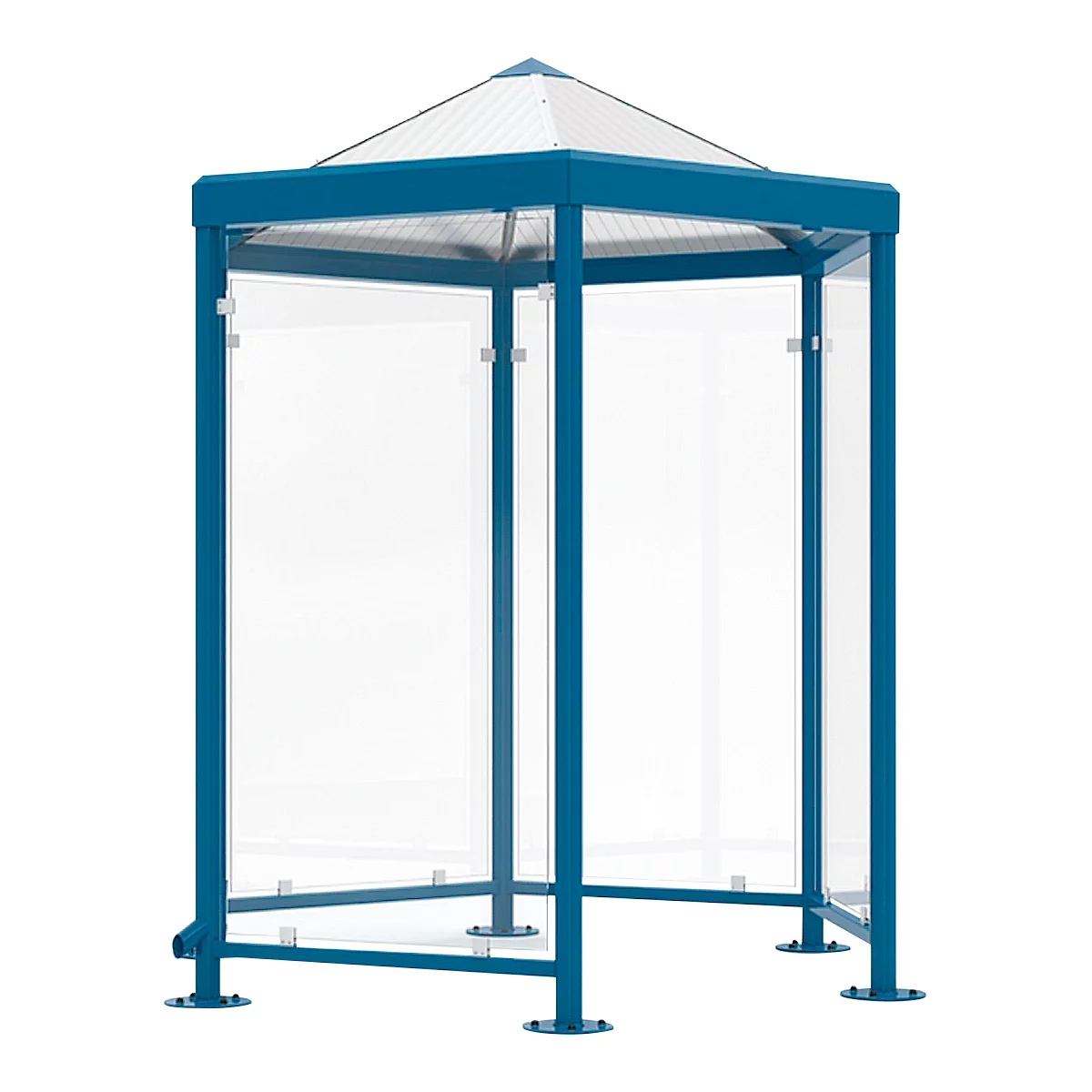 Blue and white bus shelter. Rectangular shape, glazed side walls. Pyramid-shaped roof, clear panes.