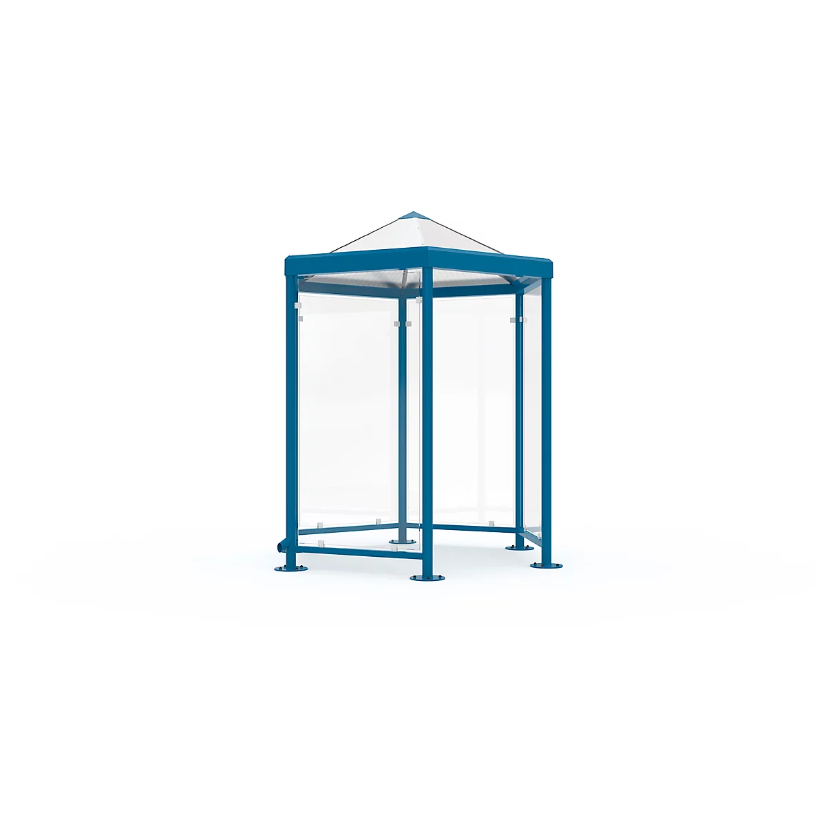 Blue bus shelter with transparent side panels and roof, against a white background.