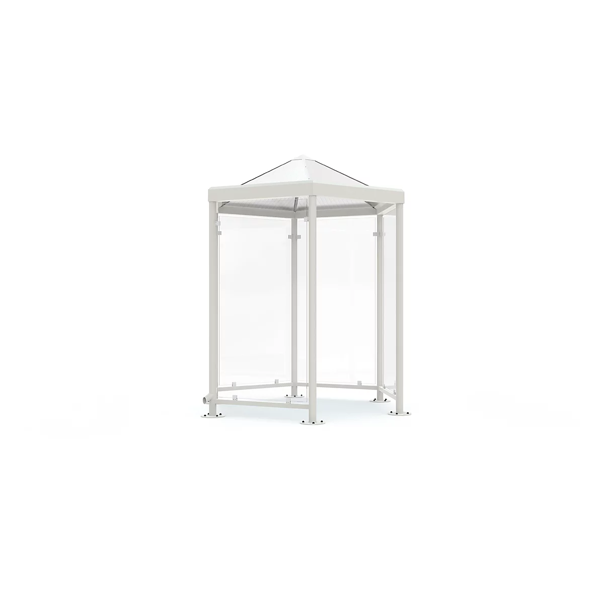 White gazebo with transparent side walls, on a white background.
