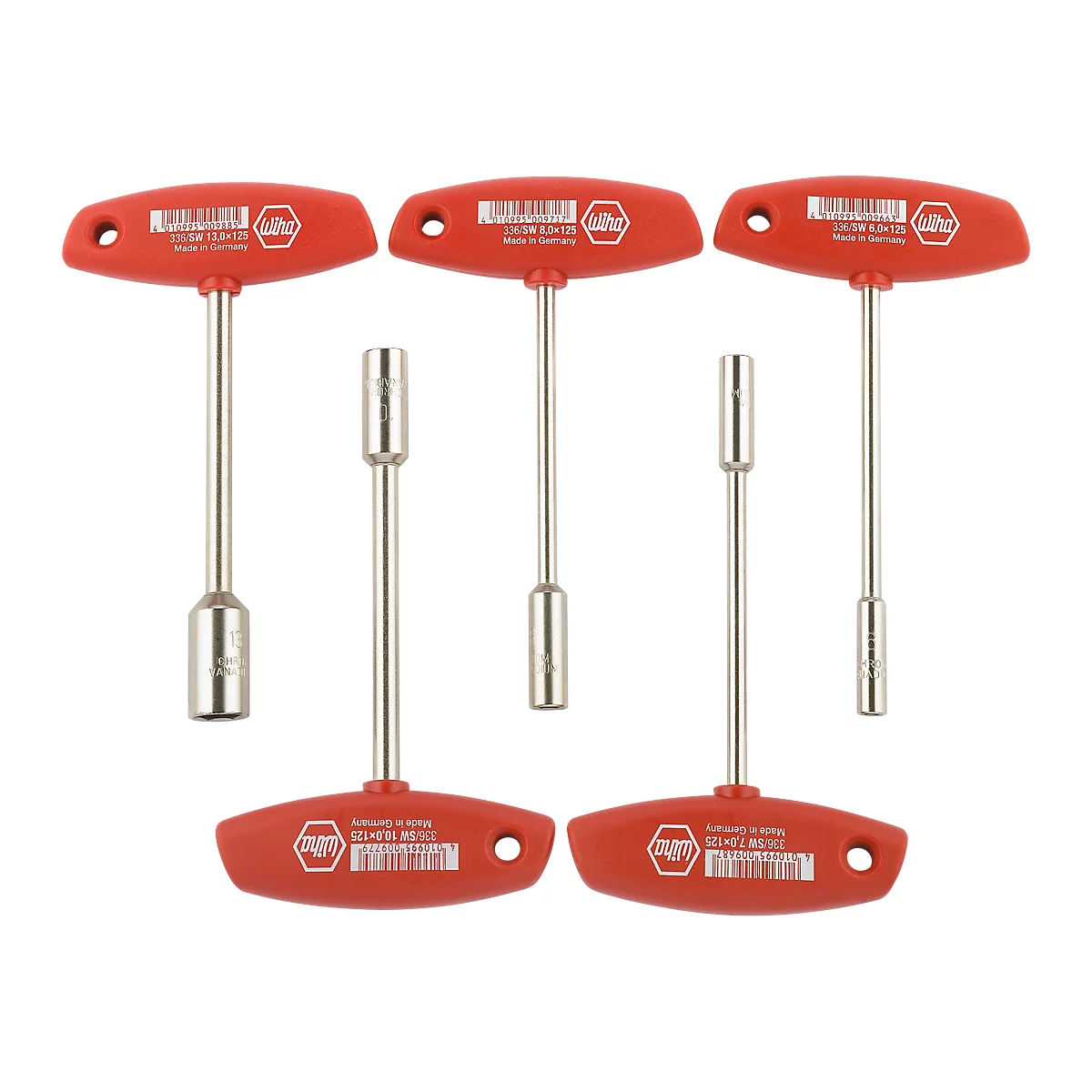 Five red and silver T-handle wrenches, partially overlapping, on a white background.