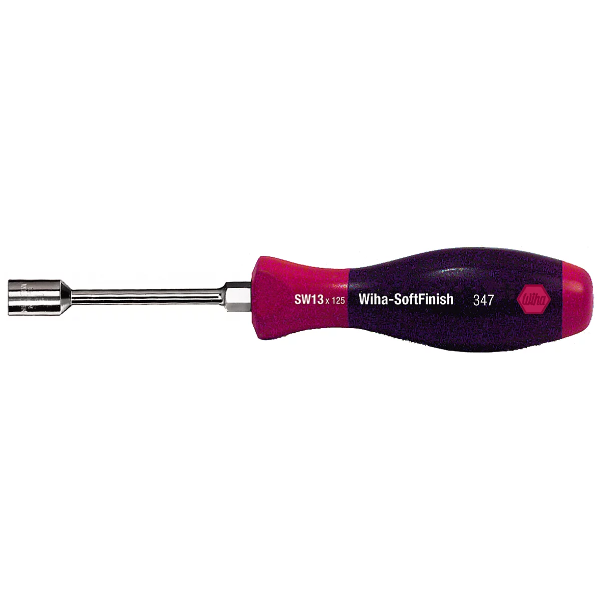 Socket wrench with red and purple handle. The handle reads "Wiha-SoftFinish 347".