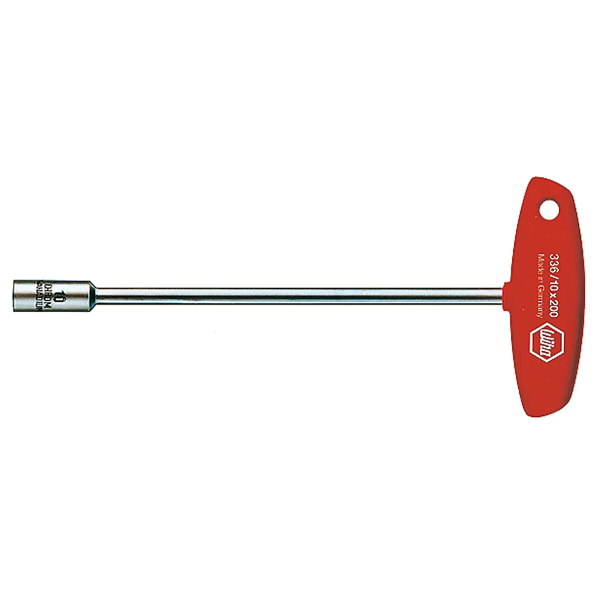 A red T-handle socket wrench. The shaft is silver. "10 chrome vanadium" is written on the head.