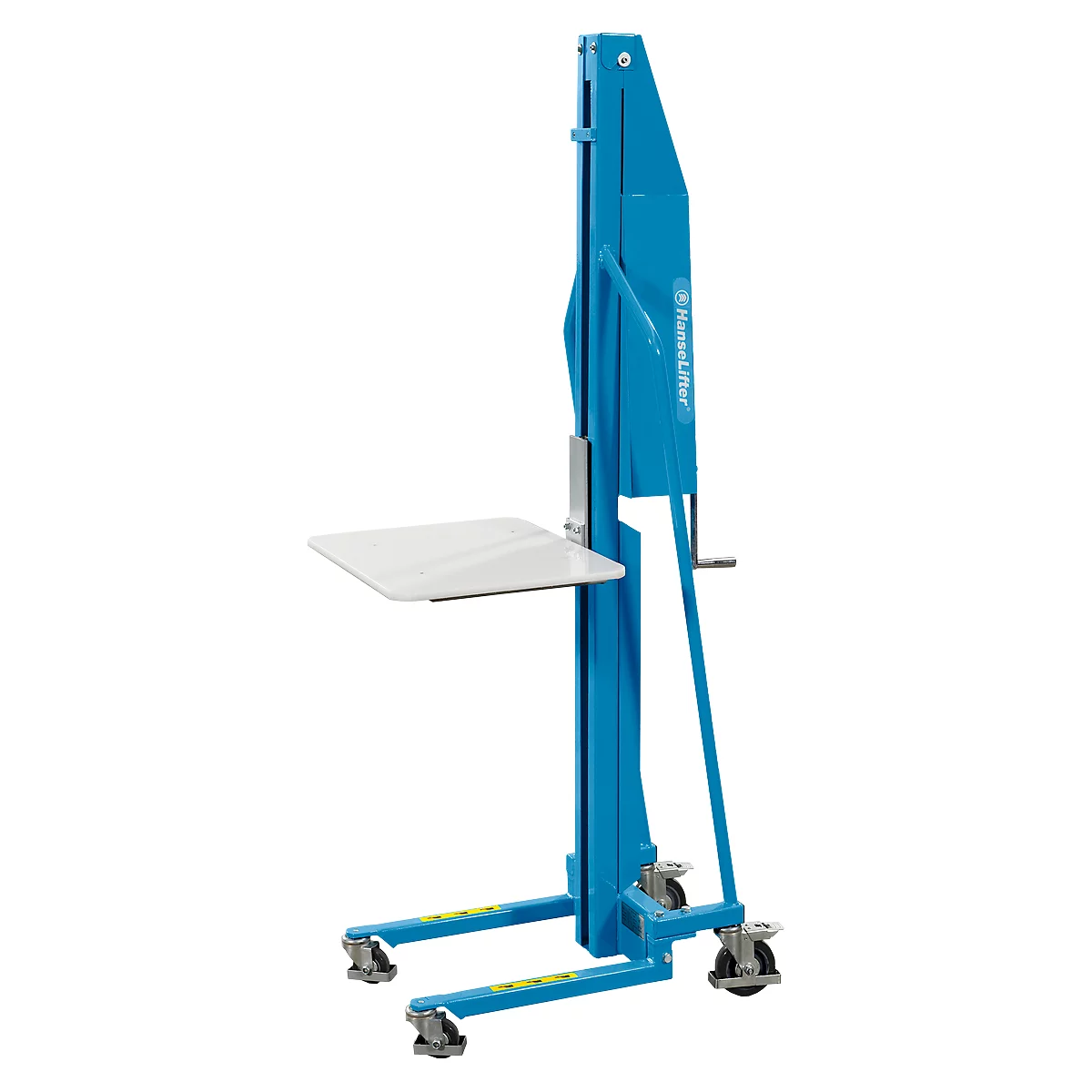 Blue lever lift with white platform. A crank drive and wheels on the ground on the right.
